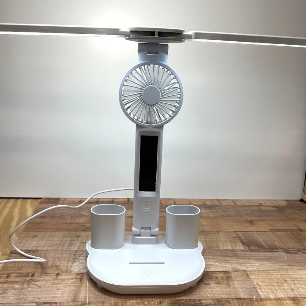 LED Desk Lamp With Fan 2 Pen Holder 2000mAh USB Rechargeable Digital Display HR6